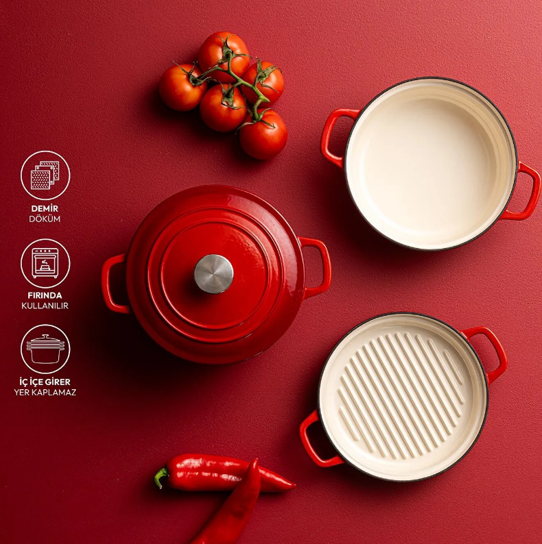 Emsan Fortino Cast Döküm Tencere Seti Kırmızı 4 Parça 22 cm