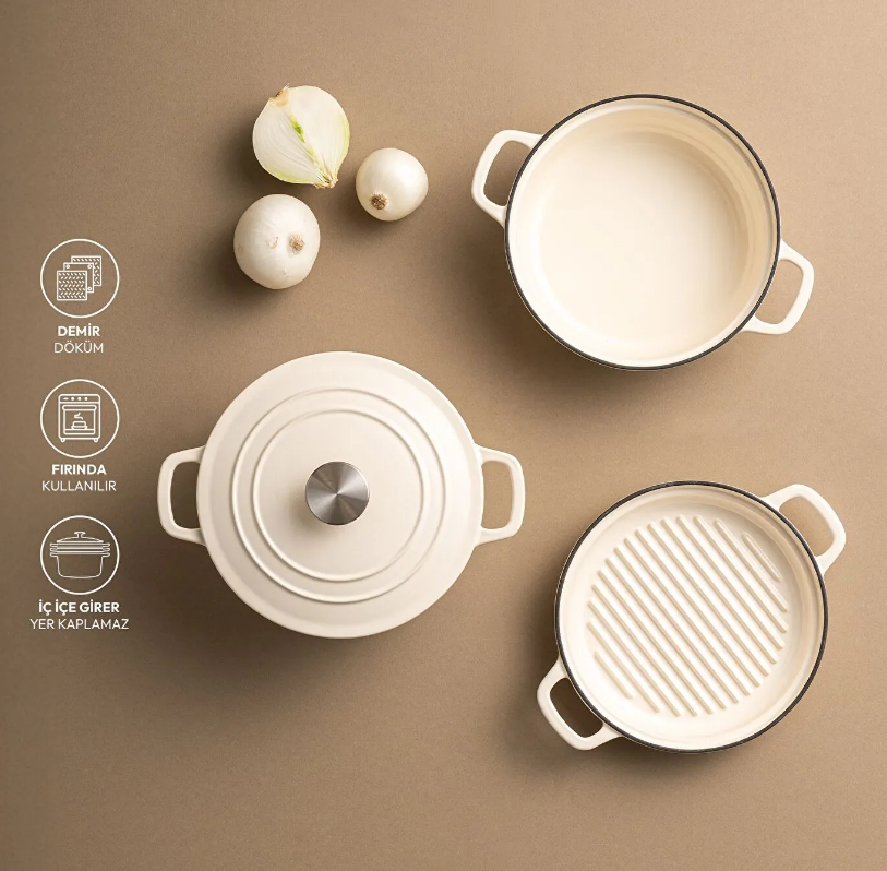 Emsan Fortino Cast Döküm Tencere Seti Krem 4 Parça 22 cm