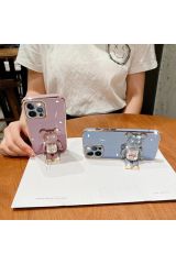 İphone 14 Pro Glossy Yumuşak Ayıcıklı Boncuklu Stantlı Kapak