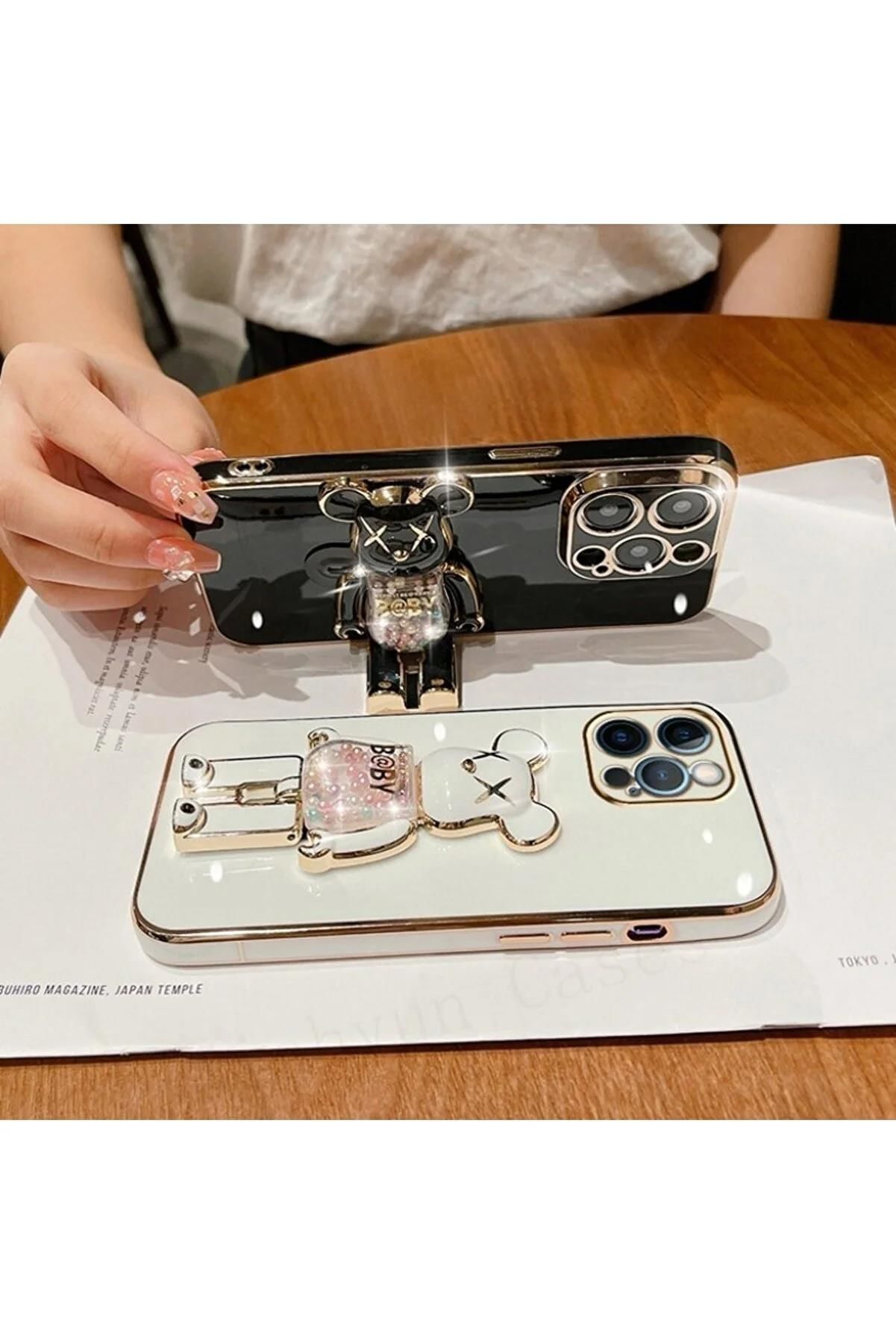 İphone 14 Plus Glossy Yumuşak Ayıcıklı Boncuklu Stantlı Kapak