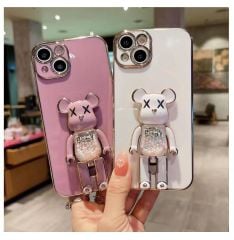 İphone 14 Glossy Yumuşak Ayıcıklı Boncuklu Stantlı Kapak