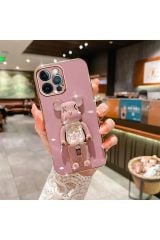 İphone 14 Glossy Yumuşak Ayıcıklı Boncuklu Stantlı Kapak