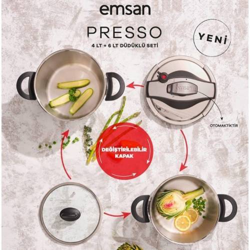 Emsan Presso 4+6 Litre 2'li Düdüklü Tencere Seti Siyah Emsan Düdüklü Tencere Seti