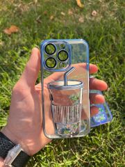 İphone 14 Pro Bardak Desenli Simli Sulu Silikon Telefon Kılıfı