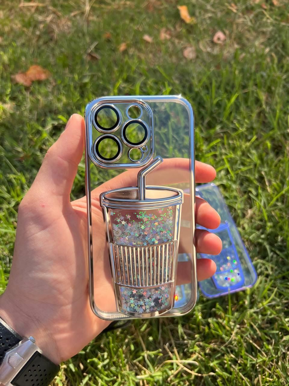 İphone 14 Pro Max  Bardak Desenli Simli Sulu Silikon Telefon Kılıfı