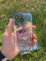 İphone 14 Pro Max  Bardak Desenli Simli Sulu Silikon Telefon Kılıfı