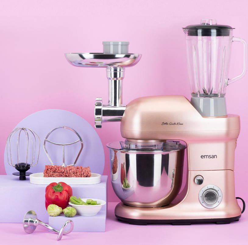 Emsan Bella Gusto Maxi Golden Pink Stand Mikser Mutfak Şefi 1300W 5 Lt (Kıyma Çekme /Sucuk-Sosis/İçli Köfte Aparatlı/Smooth Hazneli)