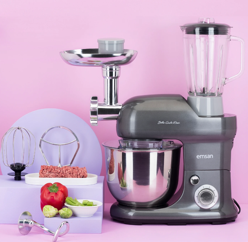 Emsan Bella Gusto Maxi Antrasit Stand Mikser Mutfak Şefi 1300W 5 Lt (Kıyma Çekme /Sucuk-Sosis/İçli Köfte Aparatlı/Smooth Hazneli)